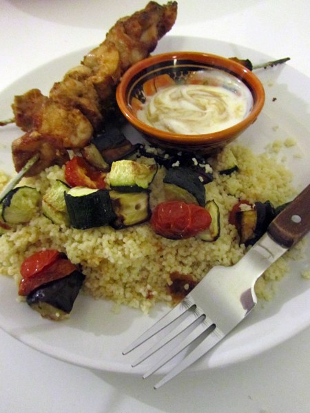 Tahini chicken skewers with vegetable couscous